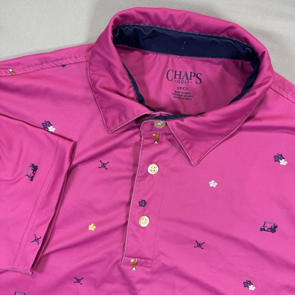 Chaps Golf Polo Shirt Men‎ Small Cocktail Cart Floral AOP Fuchsia Pink Preppy